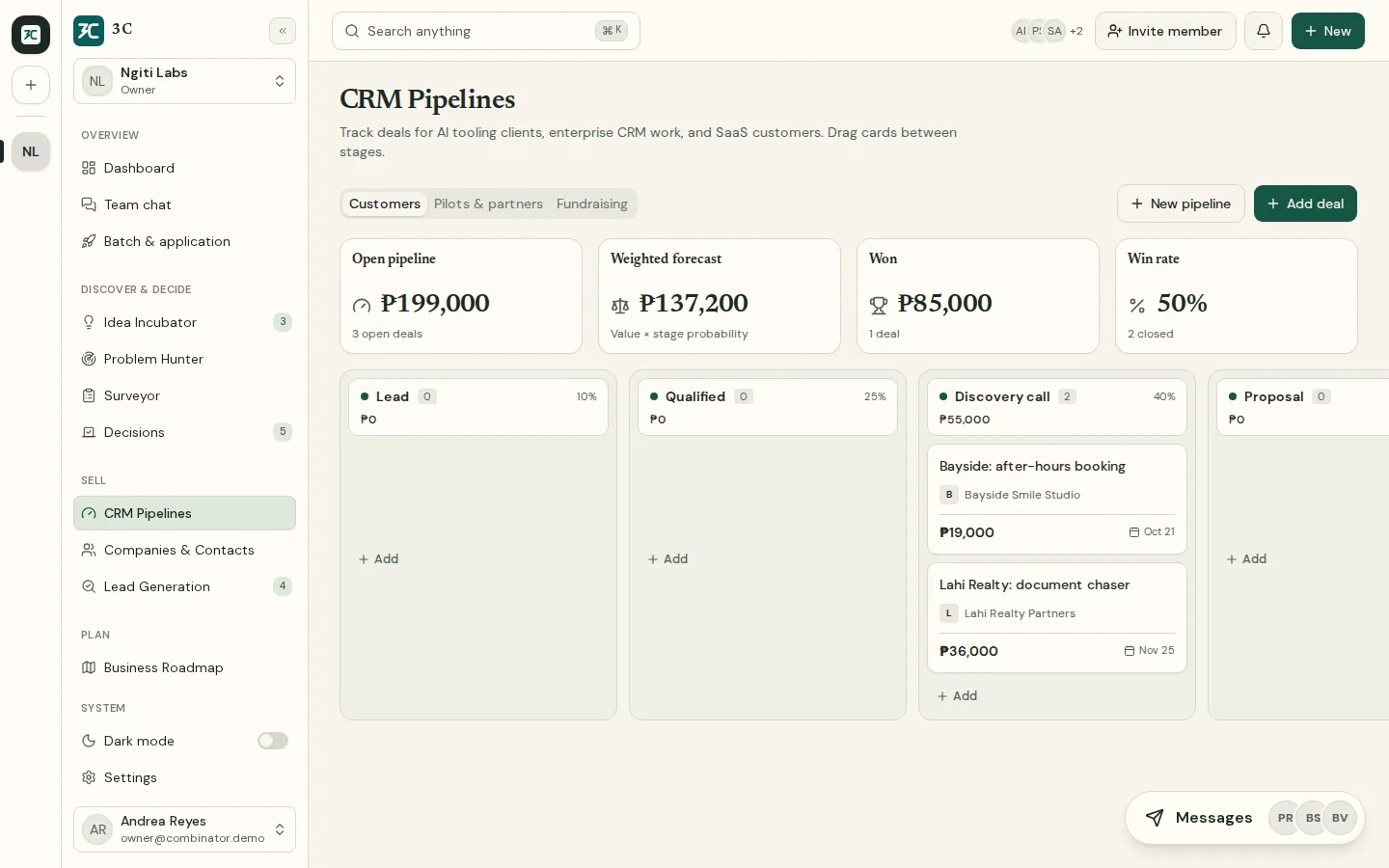 The 3C CRM pipeline with open, weighted, and won deals in pesos.