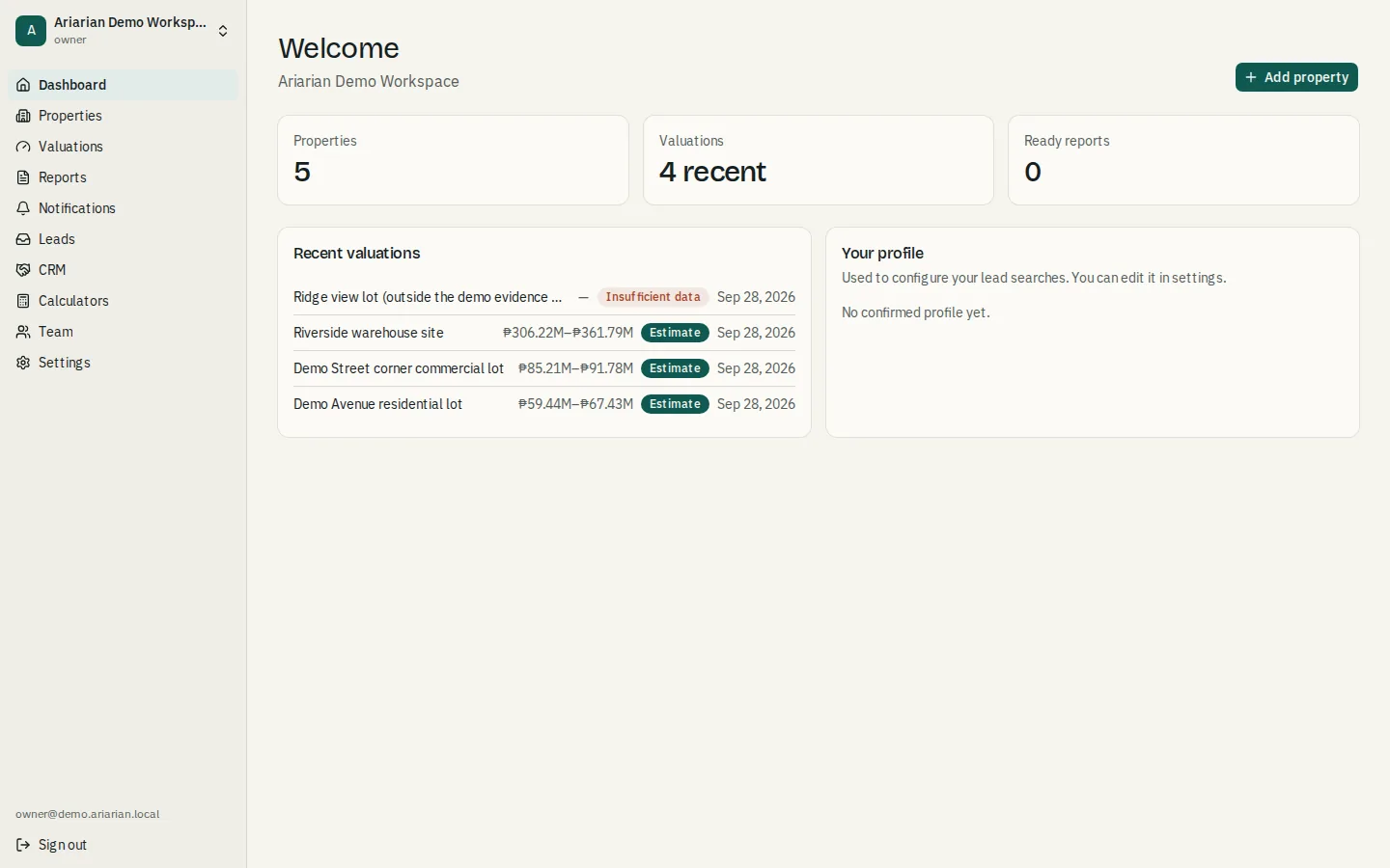 The ariarian.ai dashboard with properties, recent valuations, and one marked insufficient data.