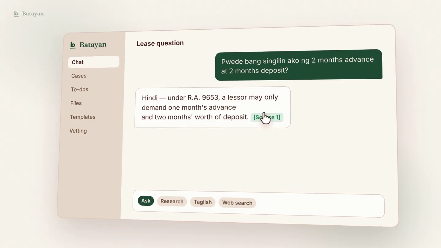 Batayan chat answering a lease question in Taglish, with the answer linked to R.A. 9653.
