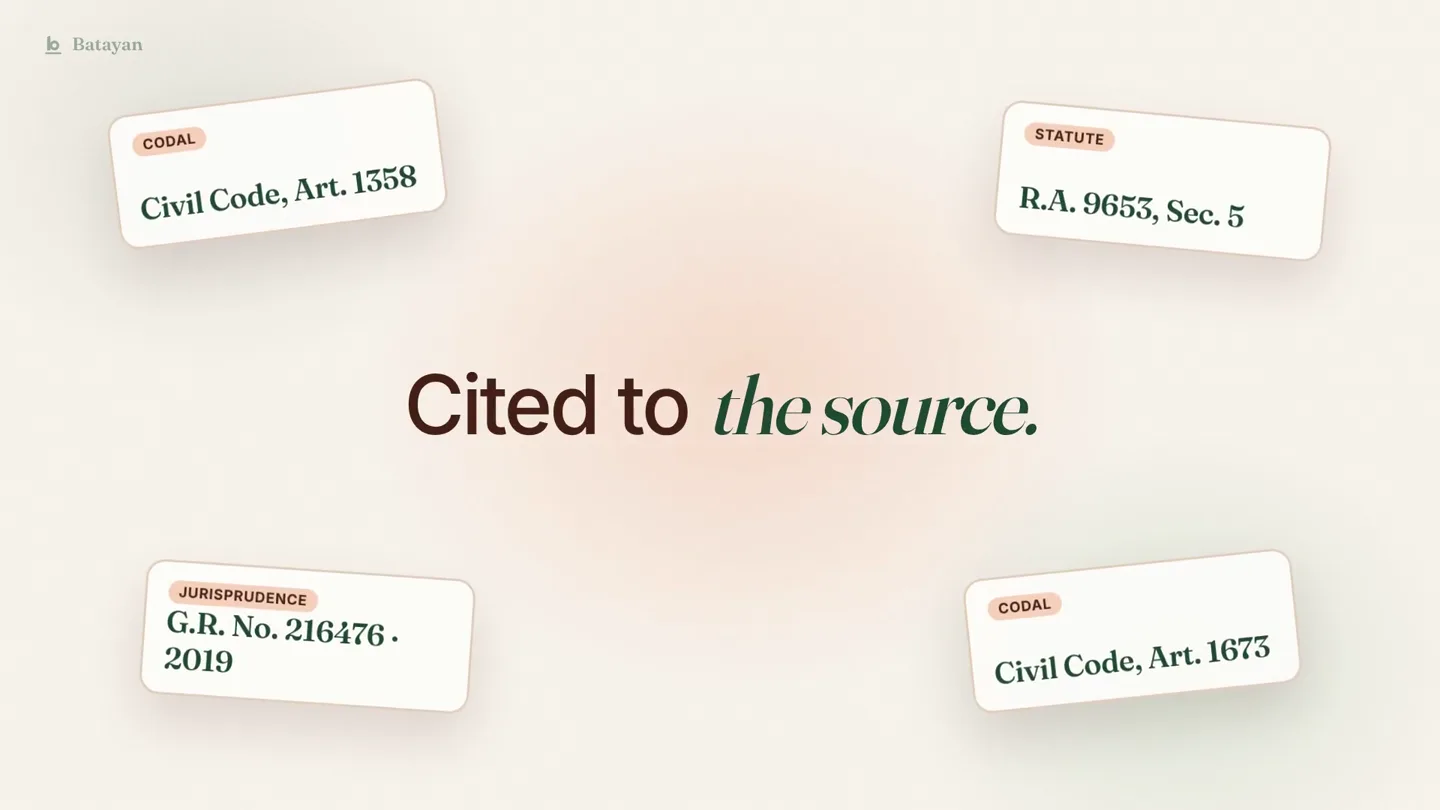 Source cards for the Civil Code, R.A. 9653, and a Supreme Court ruling.