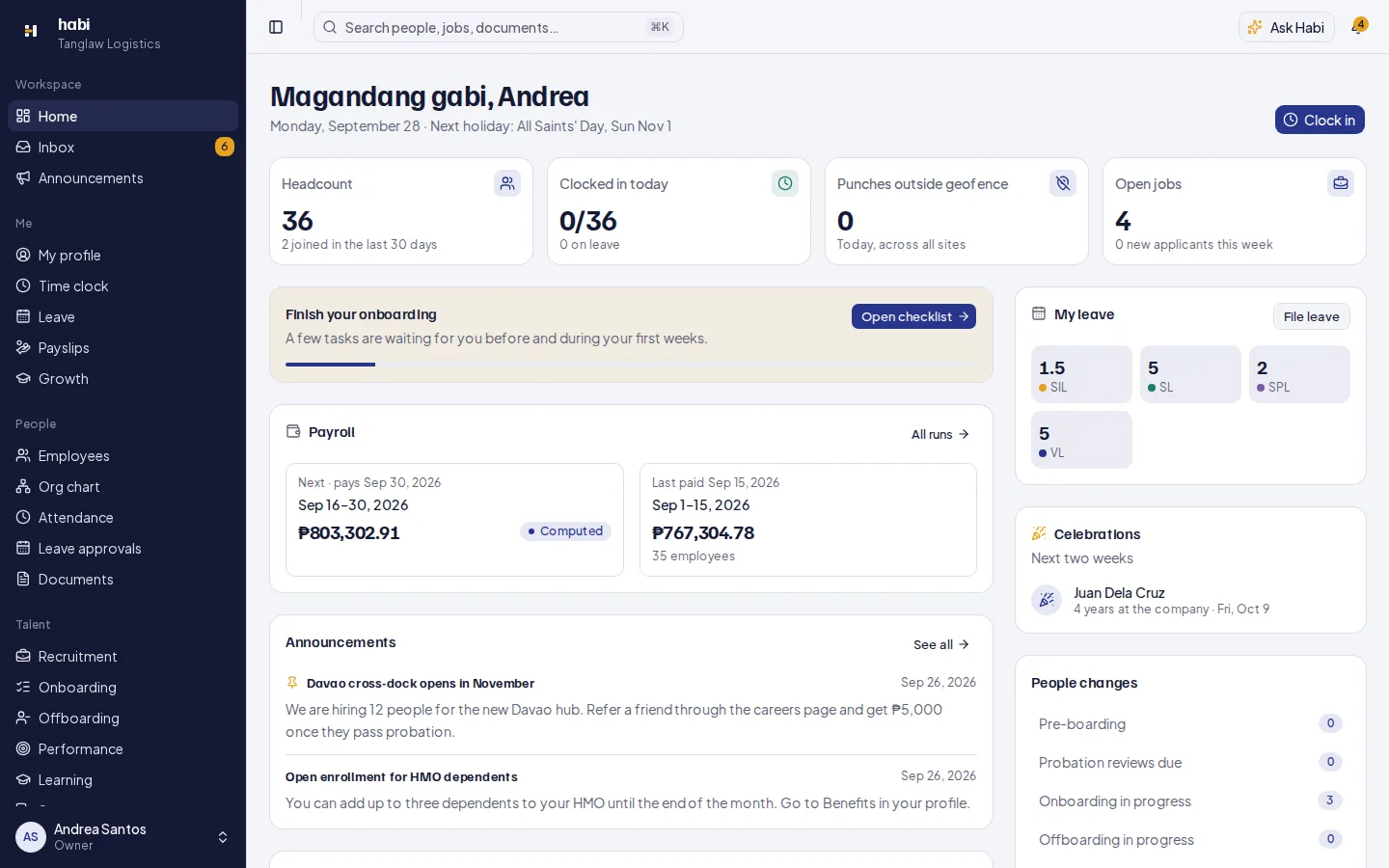 The Habi home screen with headcount, attendance, payroll, and leave for a 36-person company.