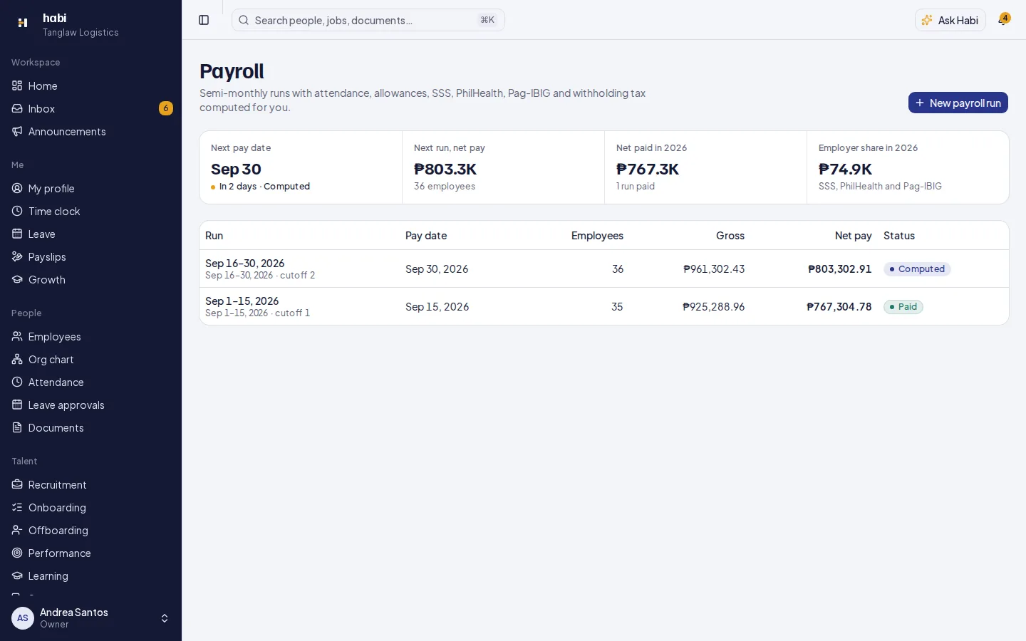 Habi payroll runs with SSS, PhilHealth, and Pag-IBIG computed.