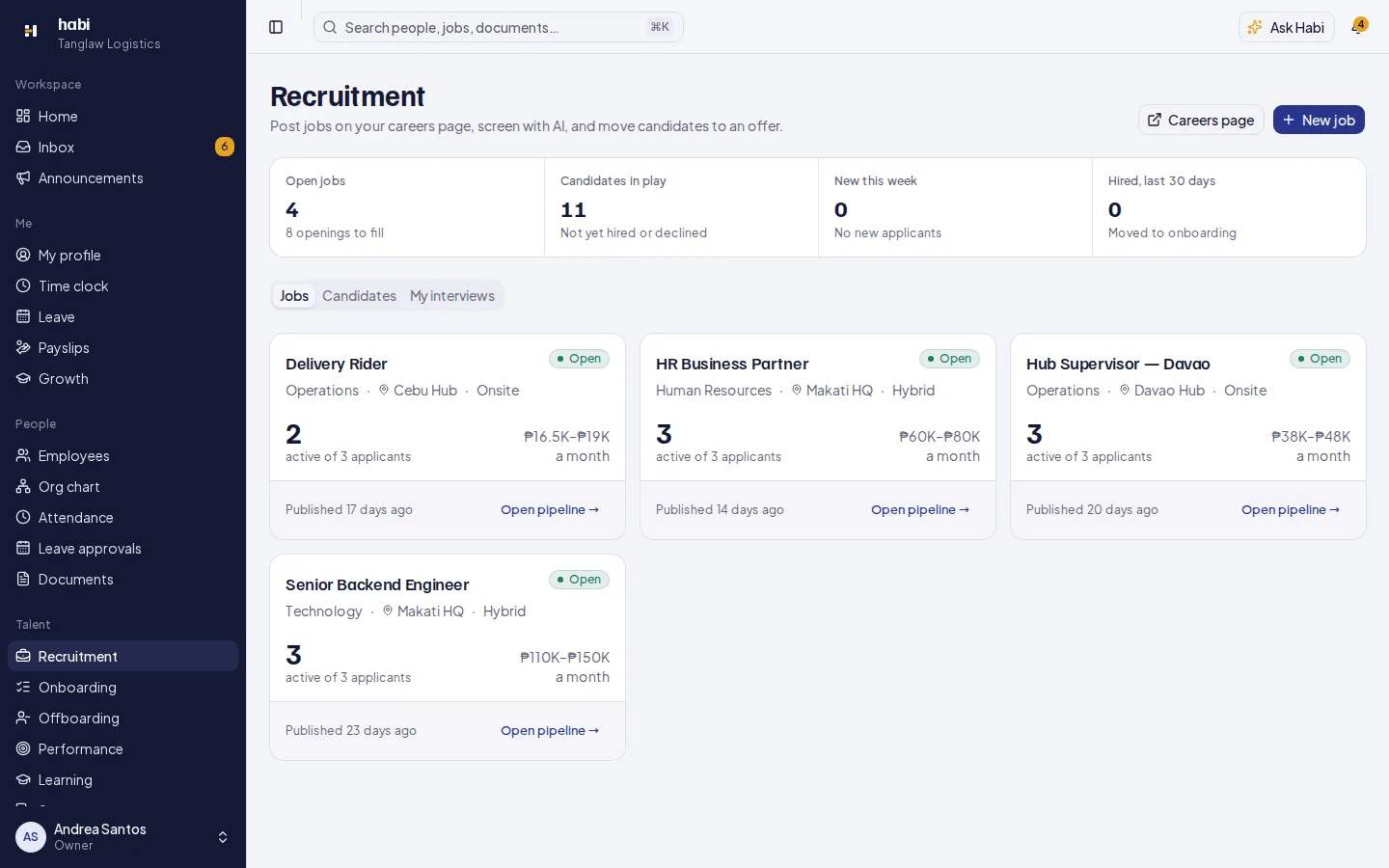 Open jobs in Habi recruitment, each with its applicant pipeline.