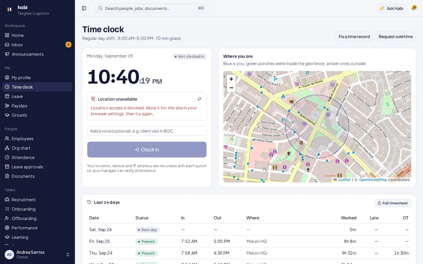The Habi time clock with a geofence map and the last two weeks of attendance.