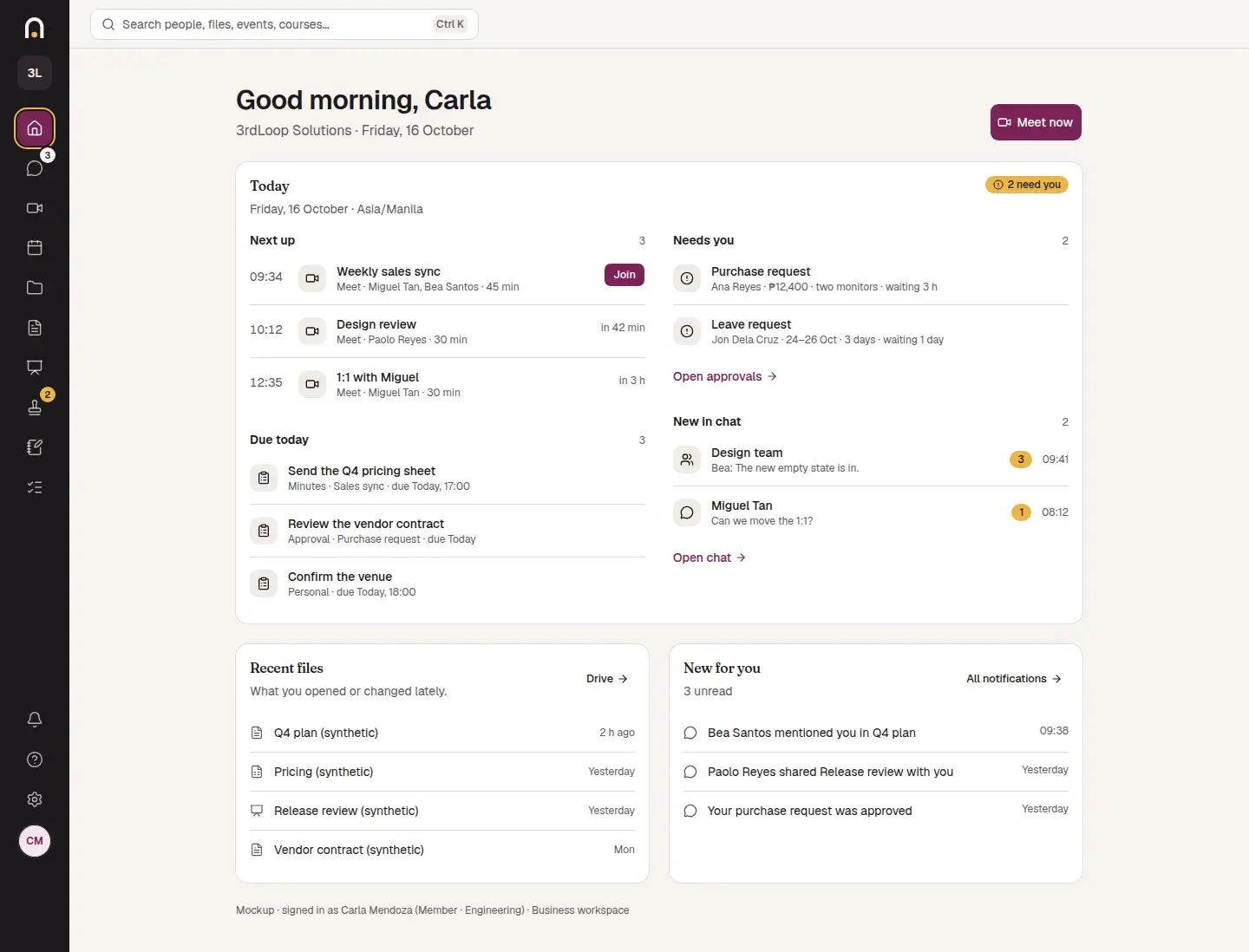 Stoa business design preview with meetings, approval requests, tasks, and recent files using synthetic data.